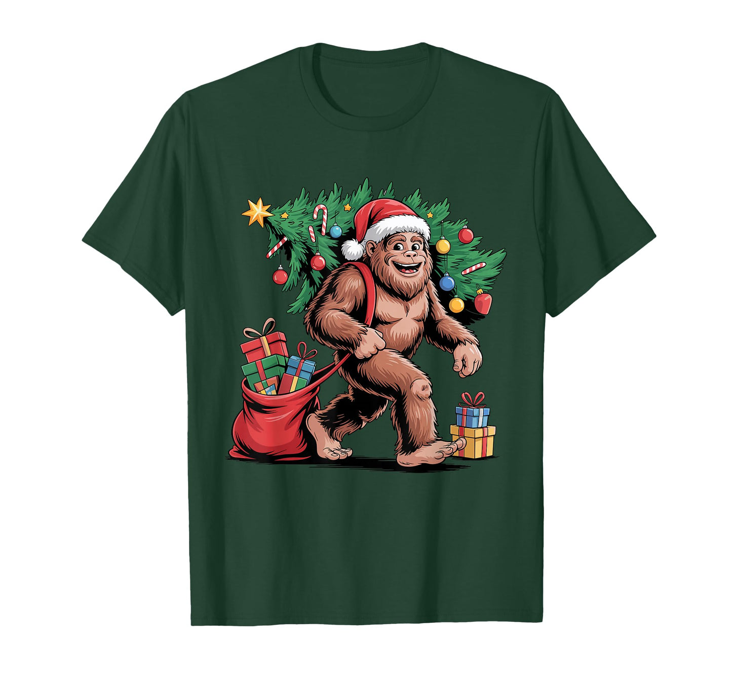 Santa Bigfoot Christmas Tree Funny Sasquatch Holiday Xmas T-Shirt