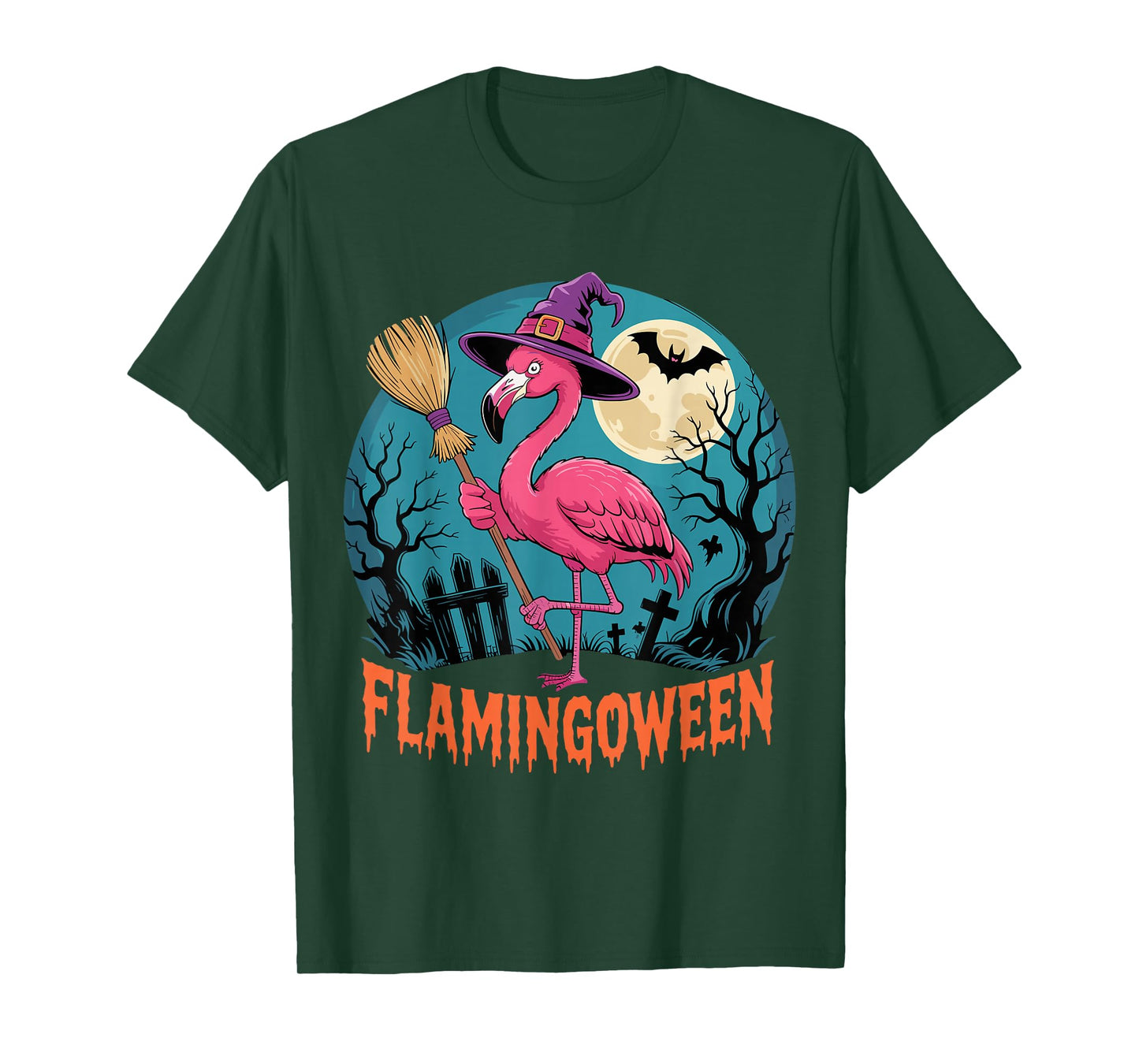 Pink Flamingo Witch Under Spooky Halloween Moon T-Shirt