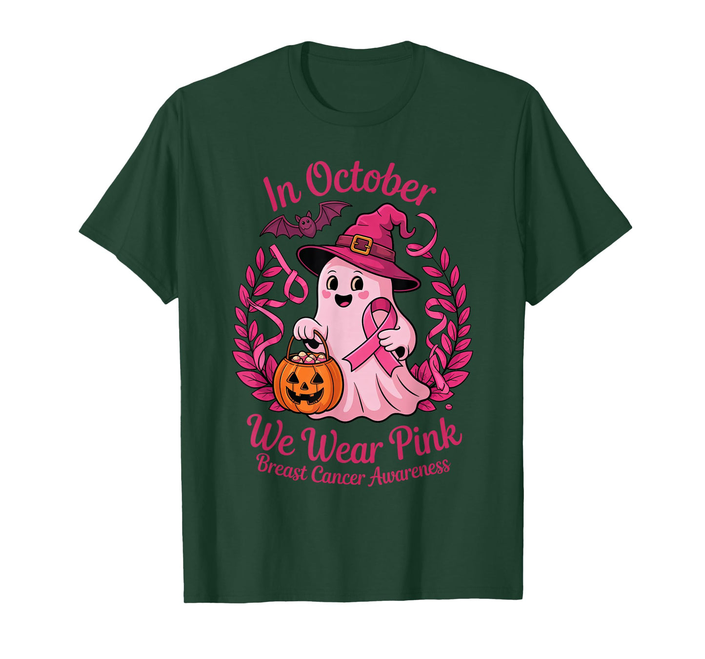 in October We Wear Pink Breast Cancer Ghost Witch Awareness T-Shirt