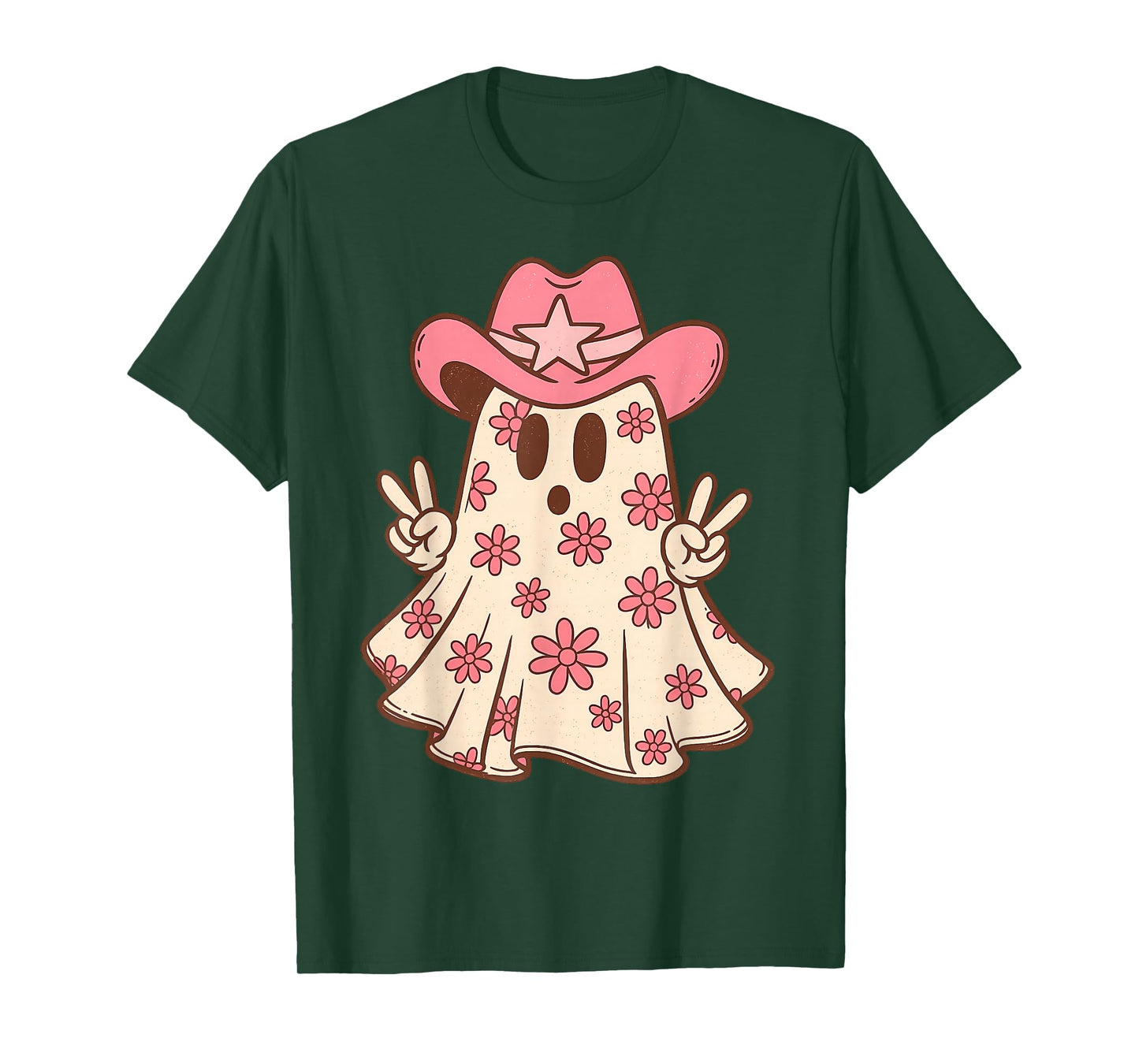 Retro Western Halloween Cowboy Cowgirl Ghost Boo Pink Floral T-Shirt