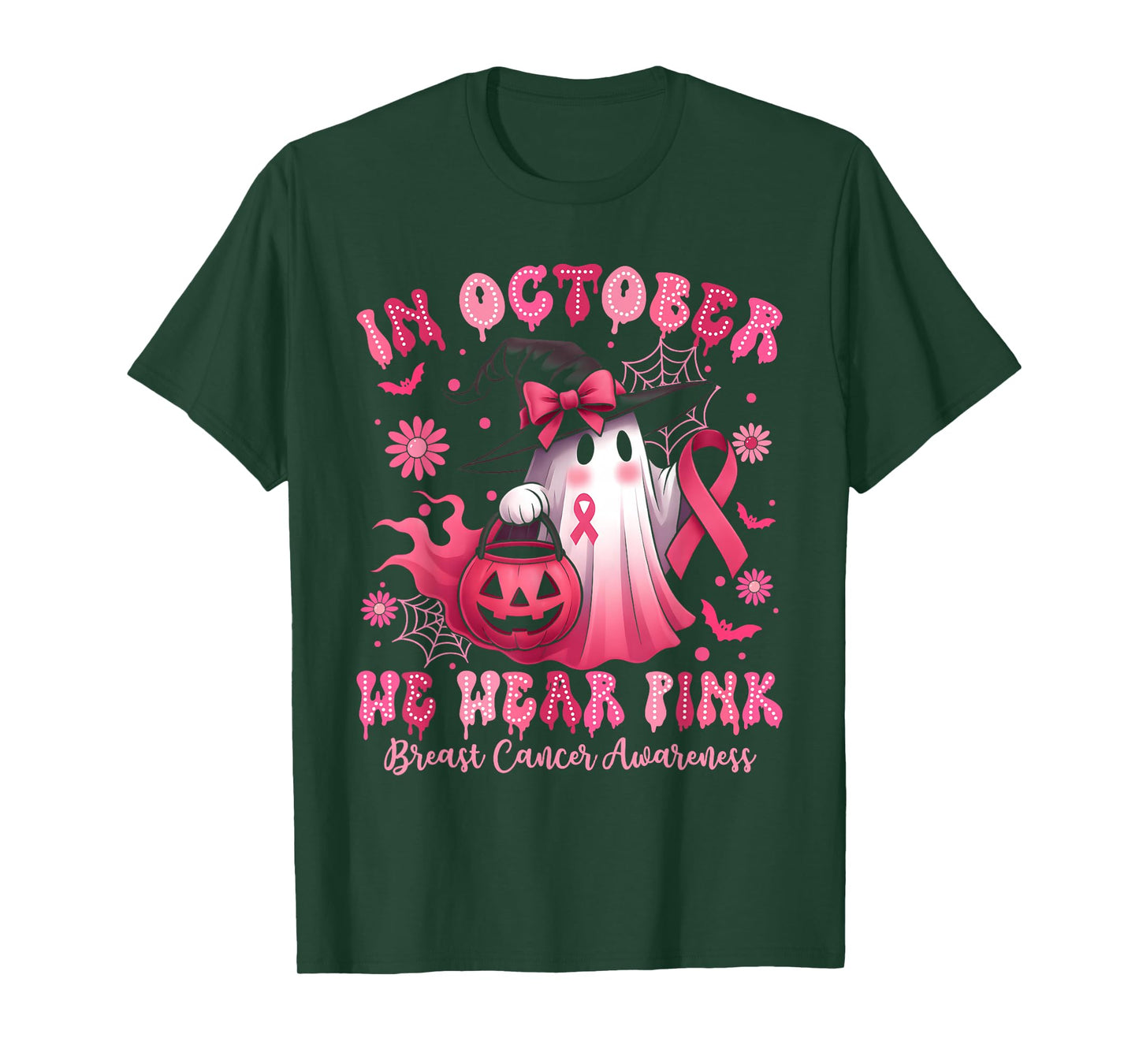 in October We Wear Pink Ghost Witch Breast Cancer Awareness T-Shirt
