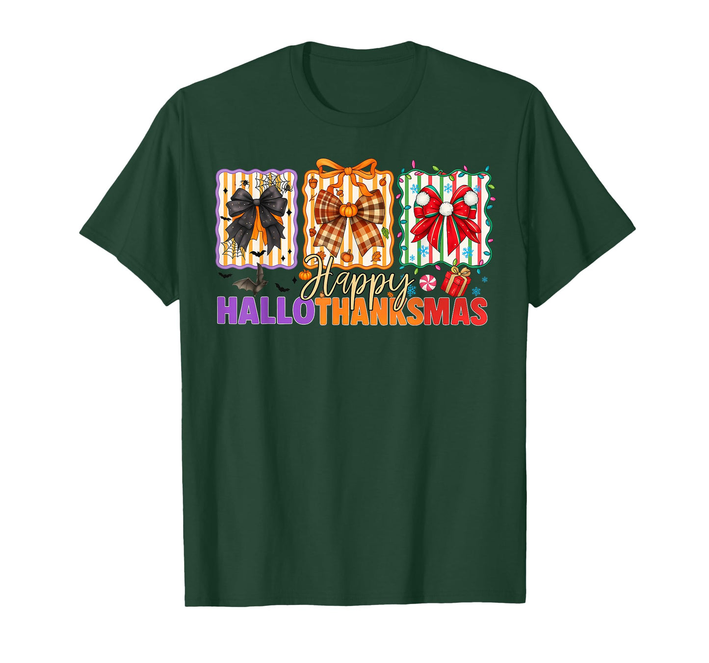 Bows Halloween Thanksgiving Christmas Happy HalloThanksMas T-Shirt