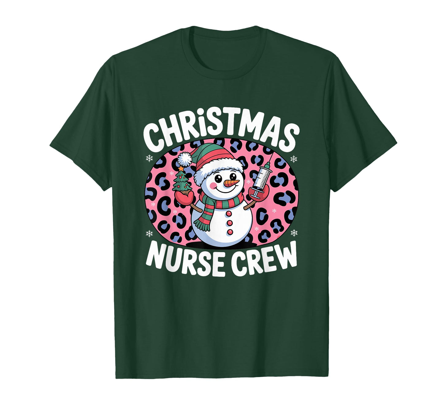Nurse Christmas Crew Snowman Pink Leopard Print T-Shirt