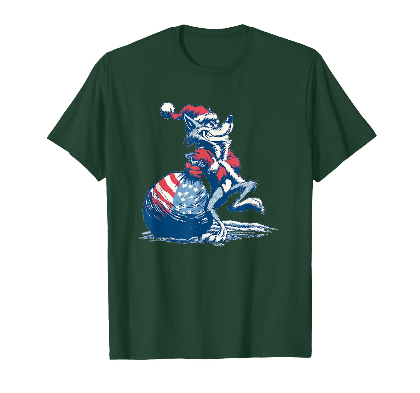 Funny Wolf in Christmas Mood with Santa Claus Bag Costume T-Shirt