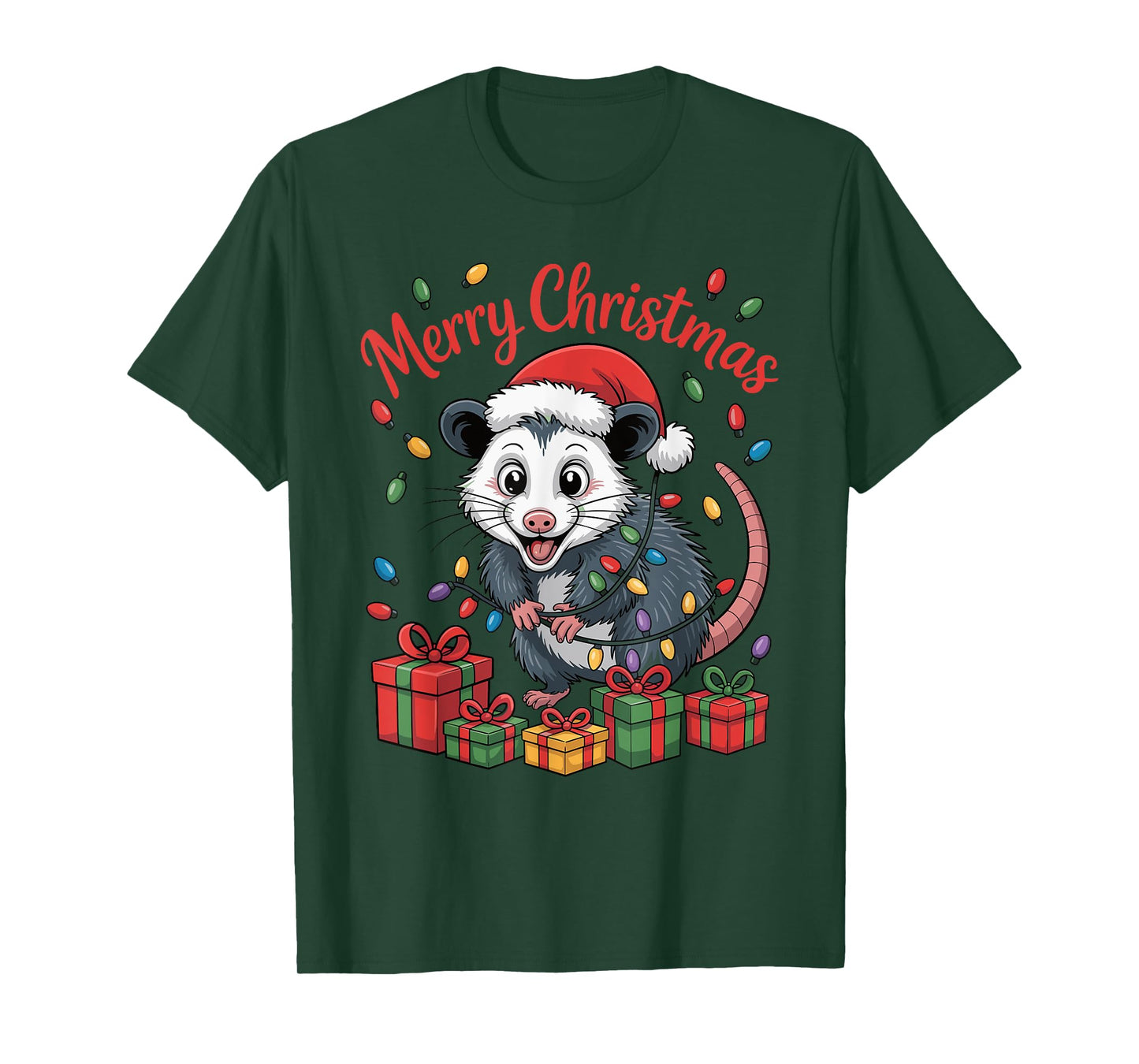 Funny Opossum Santa Hat Animals Lovers Ugly Christmas Pajama T-Shirt