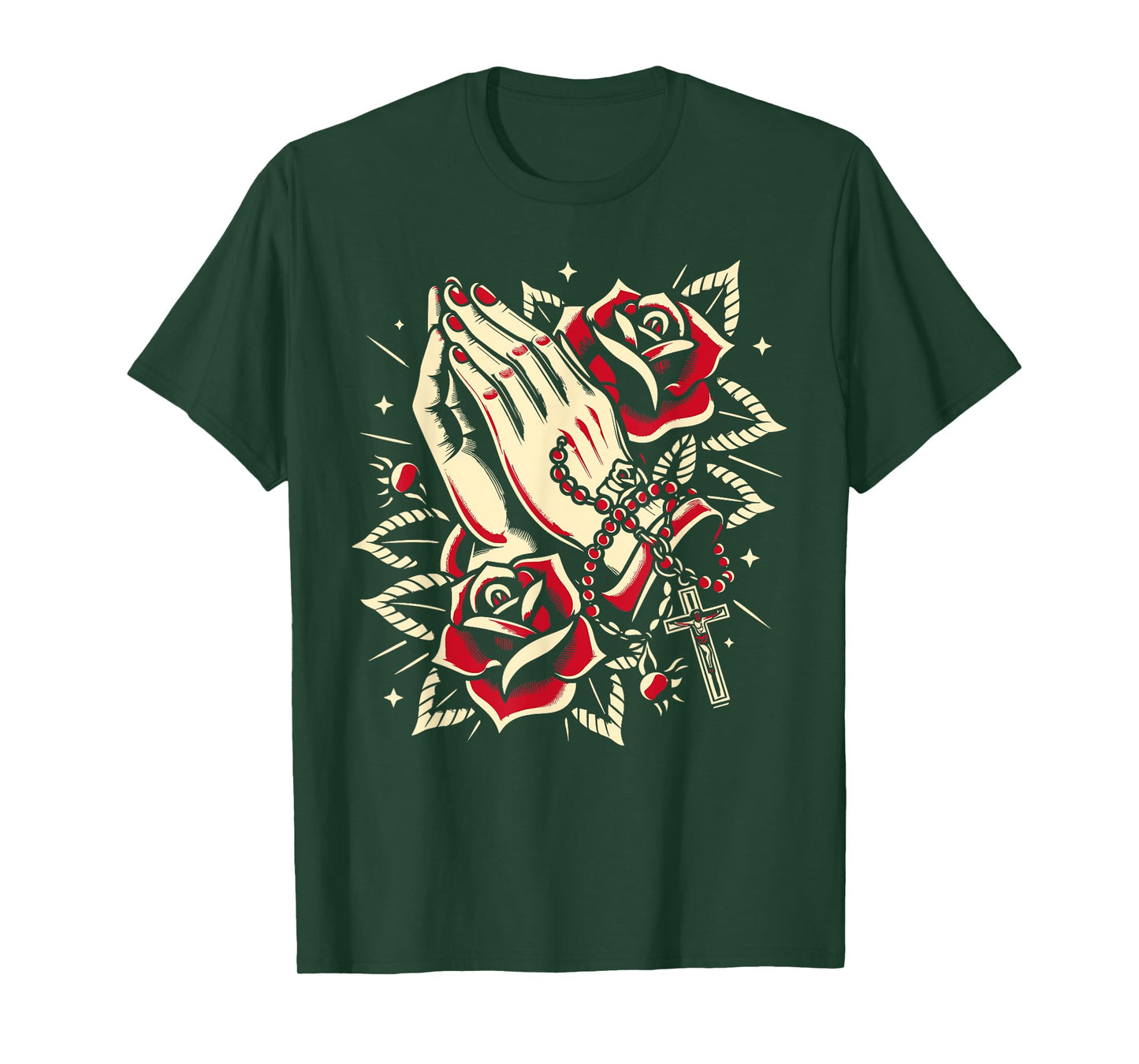 Praying Hands Rosary and Rose, Traditional Tattoo Design T-Shirt