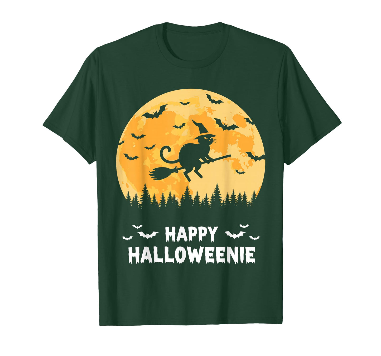 Happy Halloweenie Funny Halloween Cat Flying Witch T-Shirt