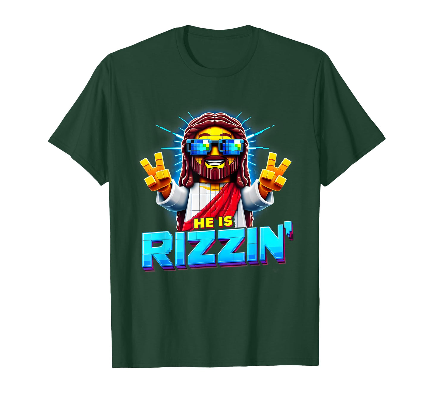 He Is Rizzen Jesus Has Rizzen Retro Christian Pixel Gaming T-Shirt