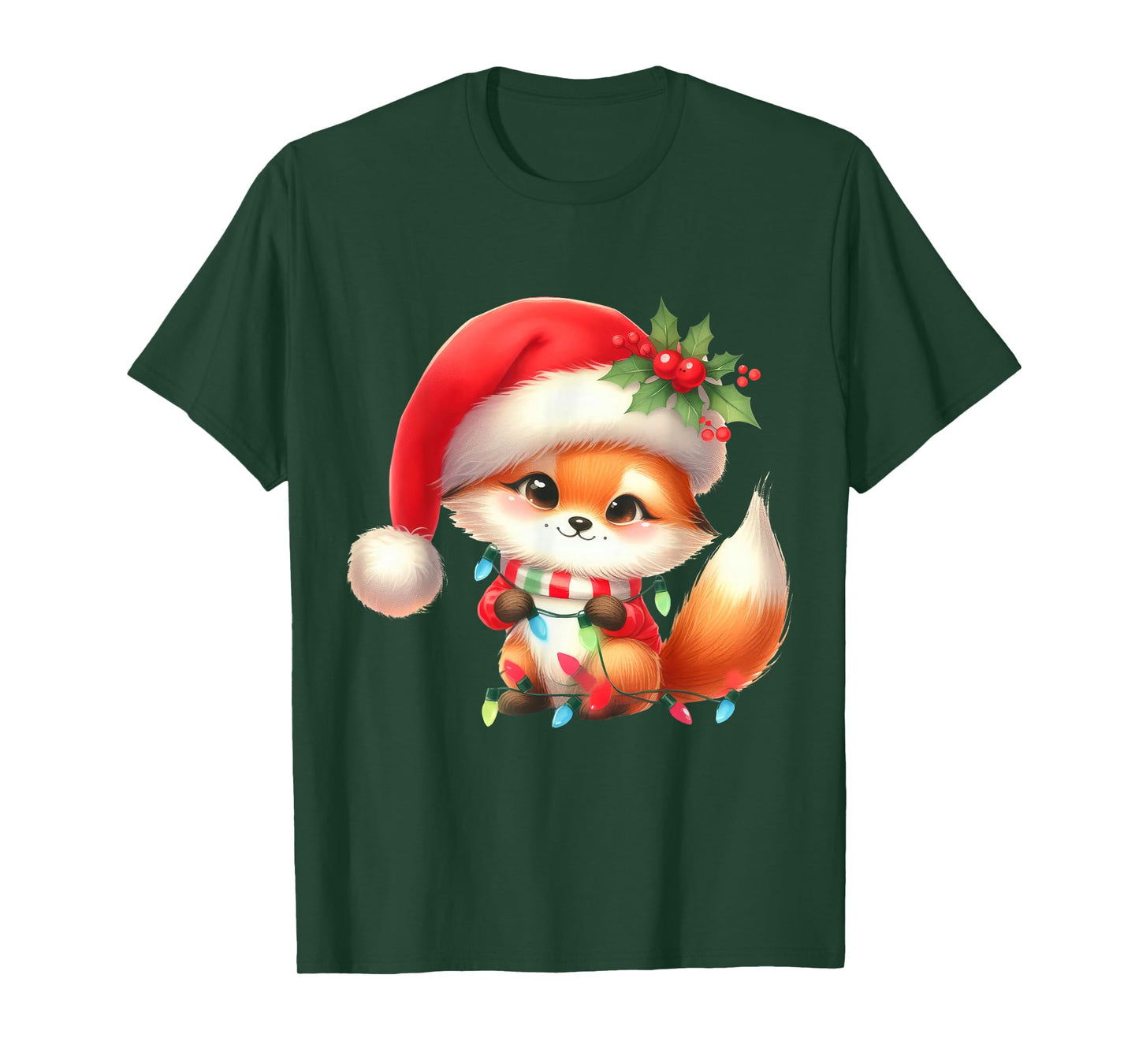 Fox Christmas Lights Funny Santa Hat Merry Xmas T-Shirt