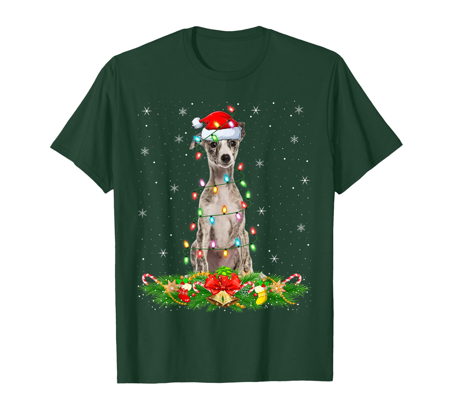 Whippet Dog Christmas Lights Funny Santa Hat Xmas T-Shirt