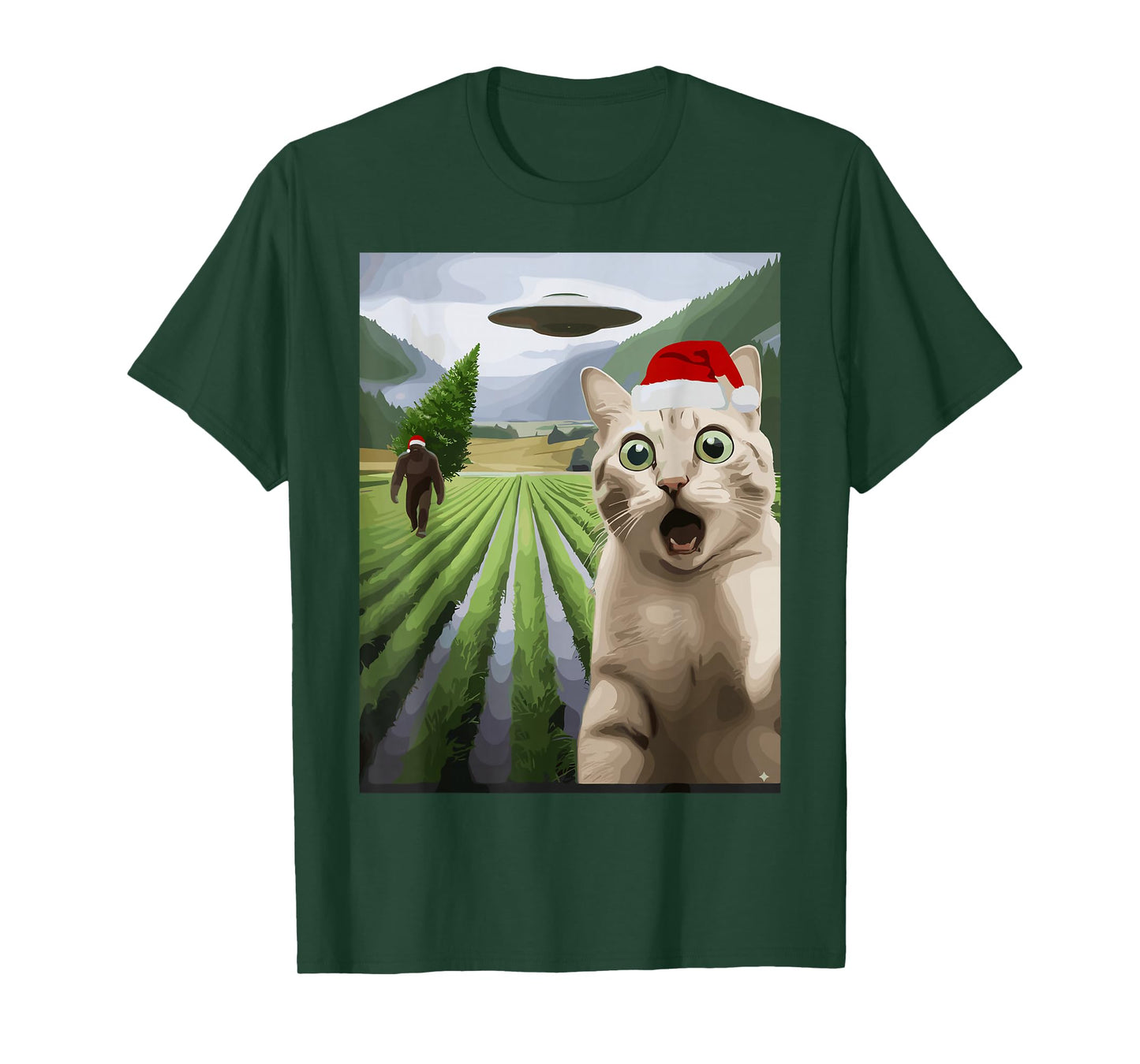 Christmas Cat Bigfoot UFO Alien Funny Holiday T-Shirt