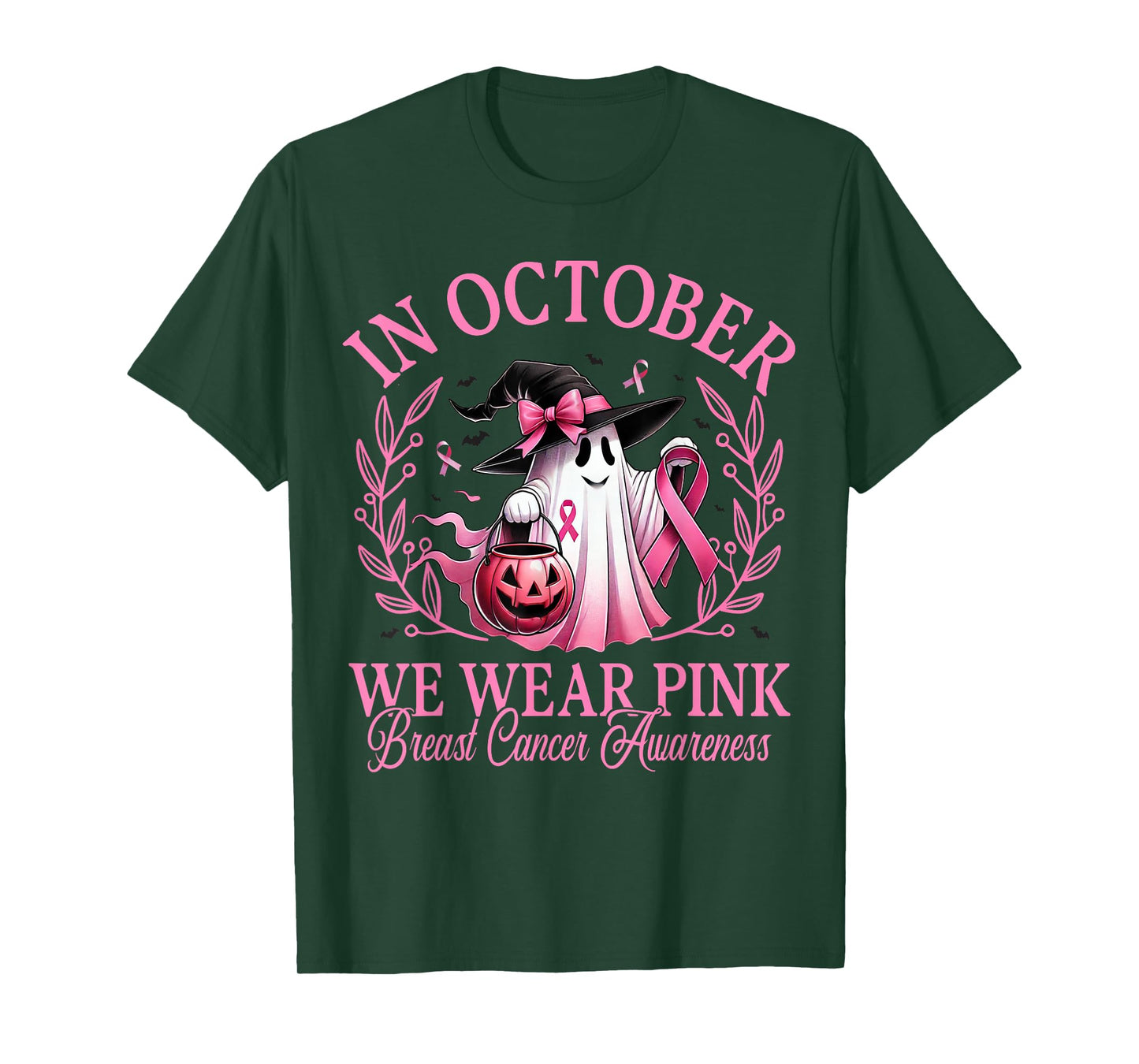 in October We Wear Pink Ghost Witch Breast Cancer Awareness T-Shirt