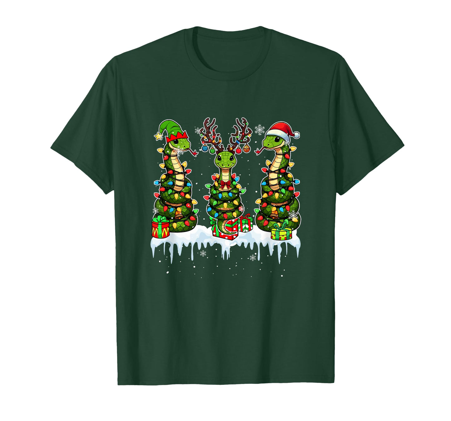 Three Santa Reindeer Elf Snakes Christmas Colorful Lights T-Shirt