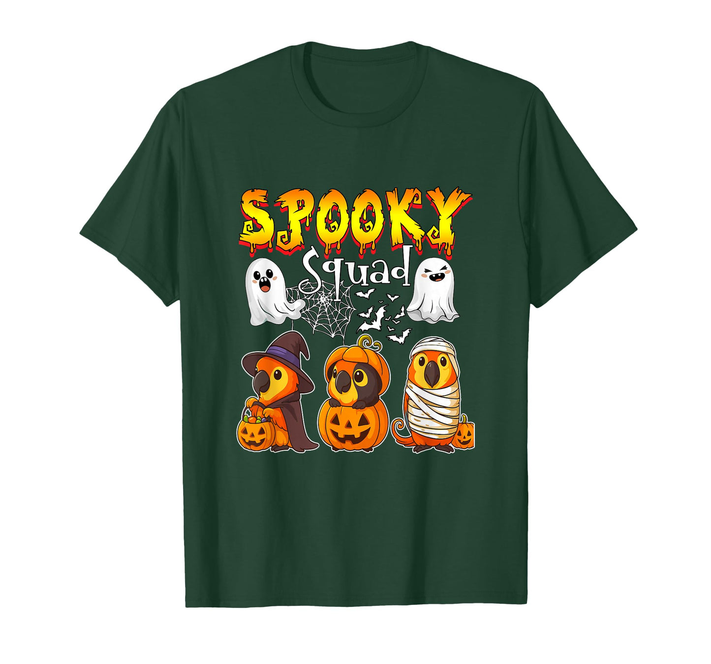 Spooky Halloween Squad Three Cute Parrots Cosplay Witch T-Shirt