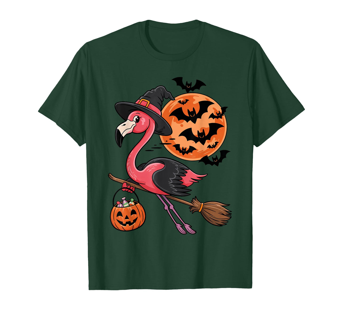 Flamingo Halloween Witch Hat Jack-o-Lantern Candy Bucket T-Shirt