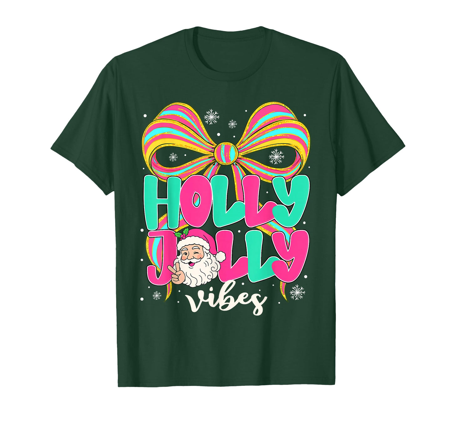 Preppy Holly Xmas Jolly Vibes Bow Christmas Girl Women Pjs T-Shirt