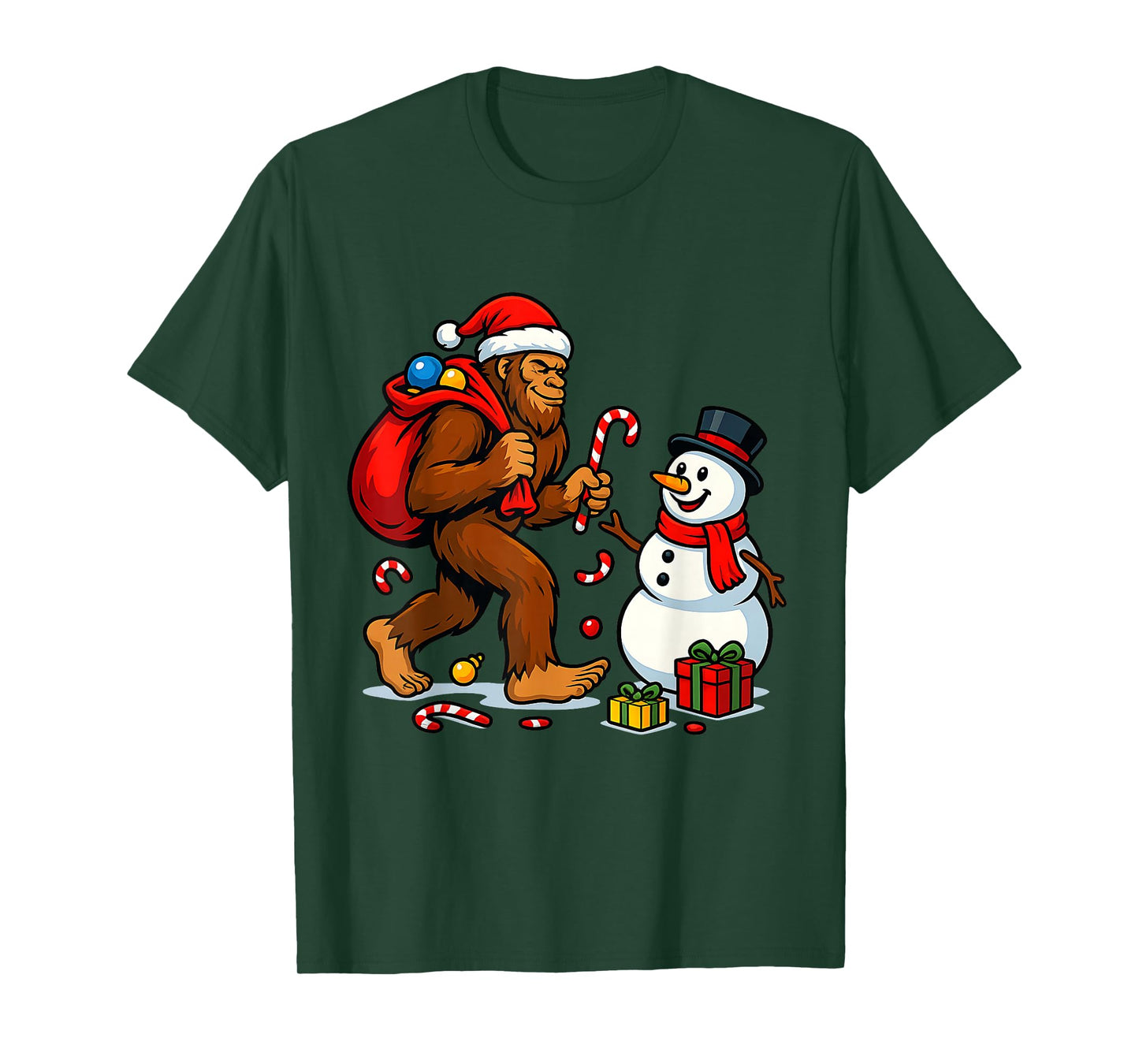 Bigfoot Tree Christmas Lights Snowman Holiday Candy Xmas T-Shirt