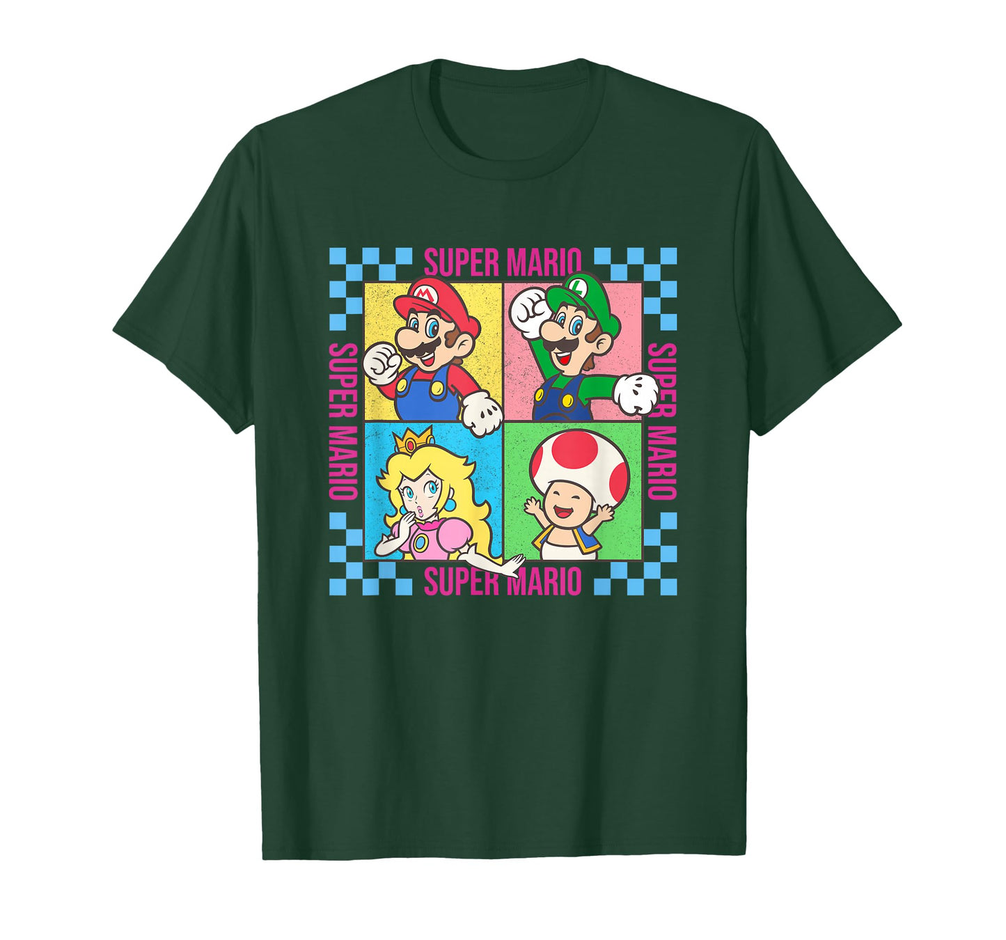 Super Mario Neon Pastel Checkerboard Frame Group Shot T-Shirt