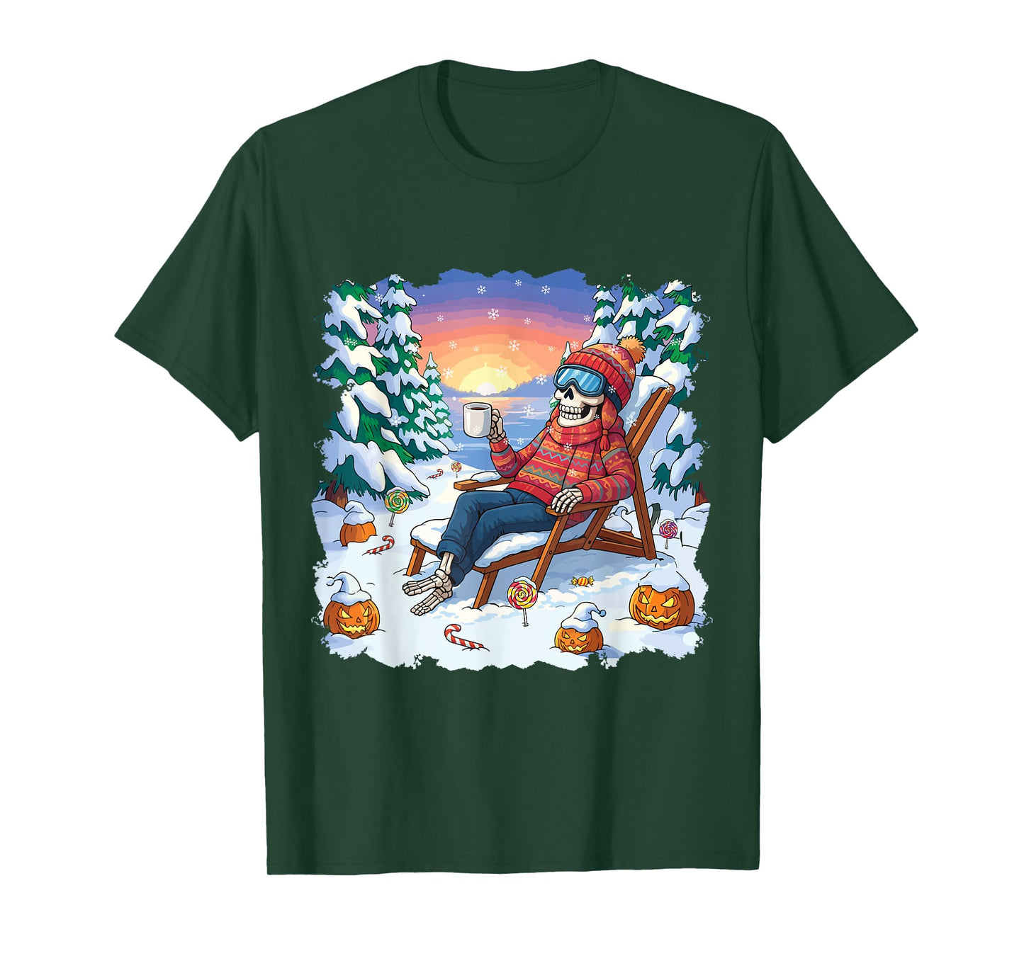 Winterween Winter Halloween Skeleton and Pumpkin Christmas T-Shirt