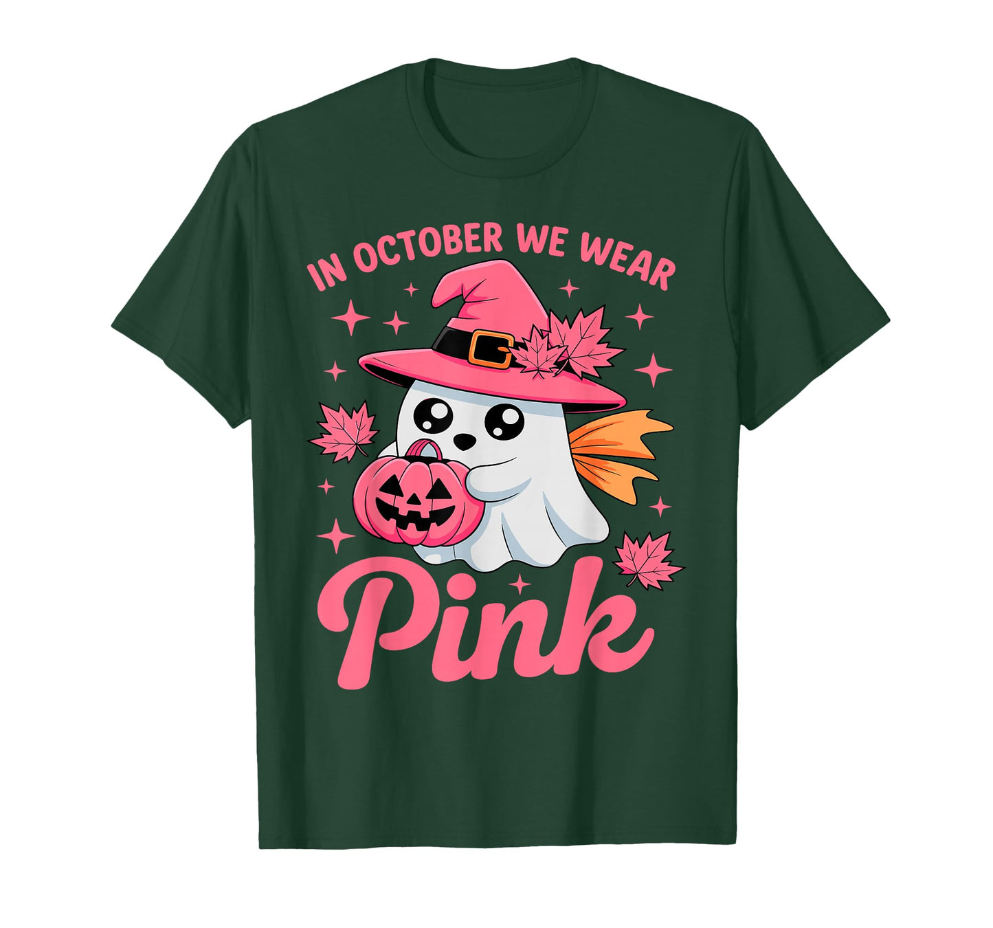in October We Wear Pink Breast Cancer Awareness Witch Ghost T-Shirt