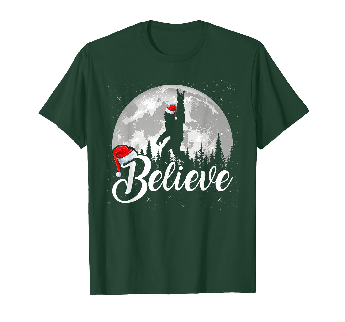 Believe Xmas Santa Bigfoot Sasquatch in Moon Light Christmas T-Shirt