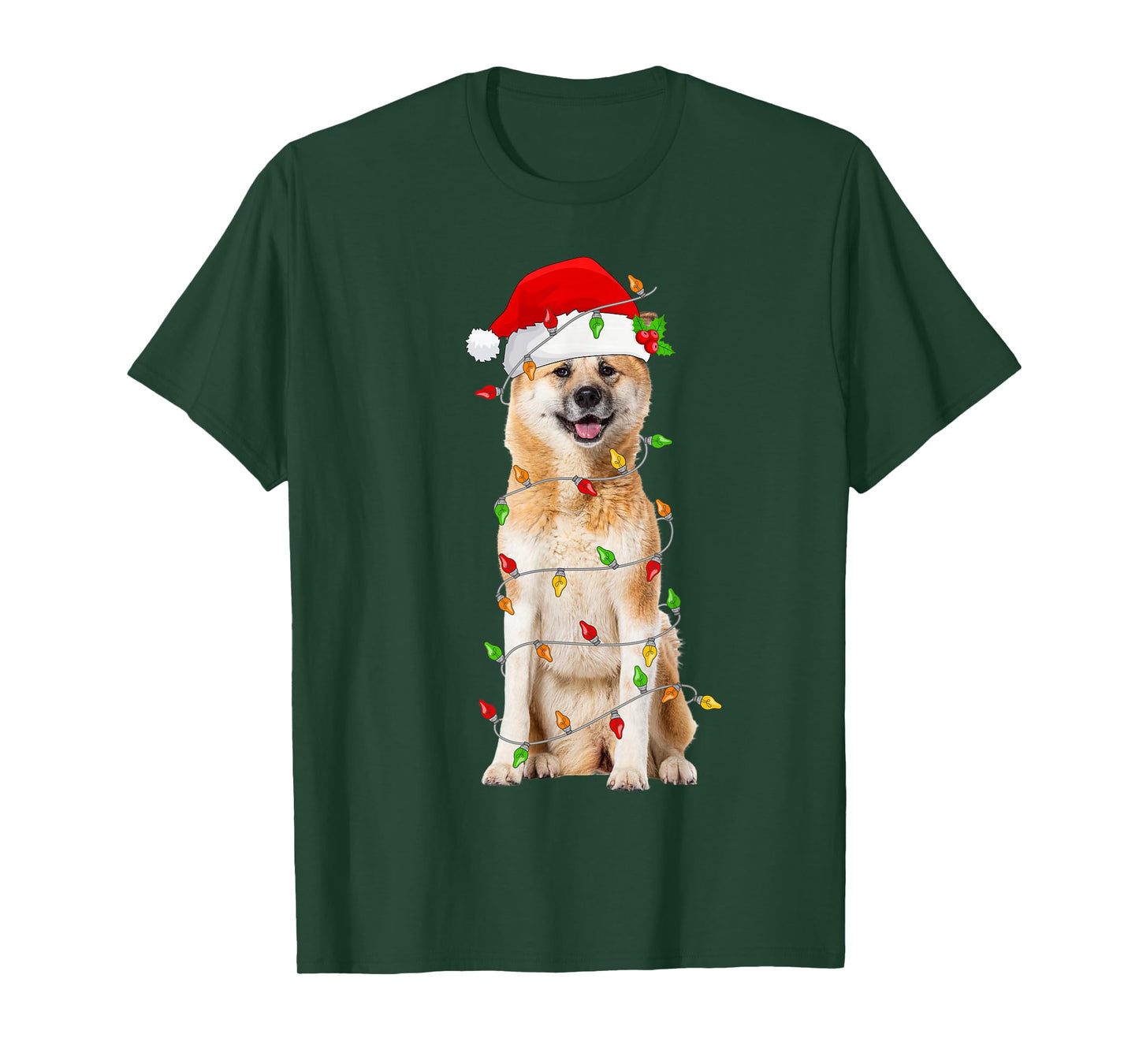 Akita Inu Christmas Santa Hat Lights Funny Pet Dog Xmas T-Shirt