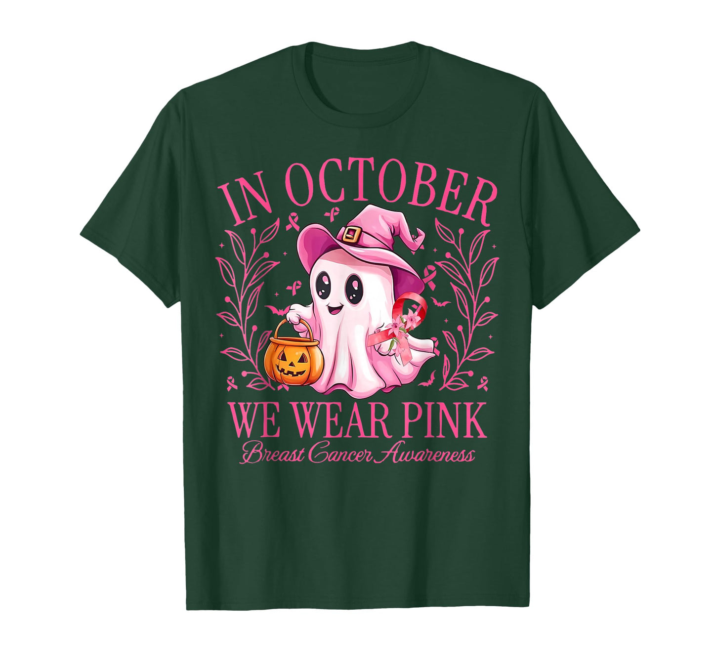 in October We Wear Pink Ghost Witch Breast Cancer Awareness T-Shirt