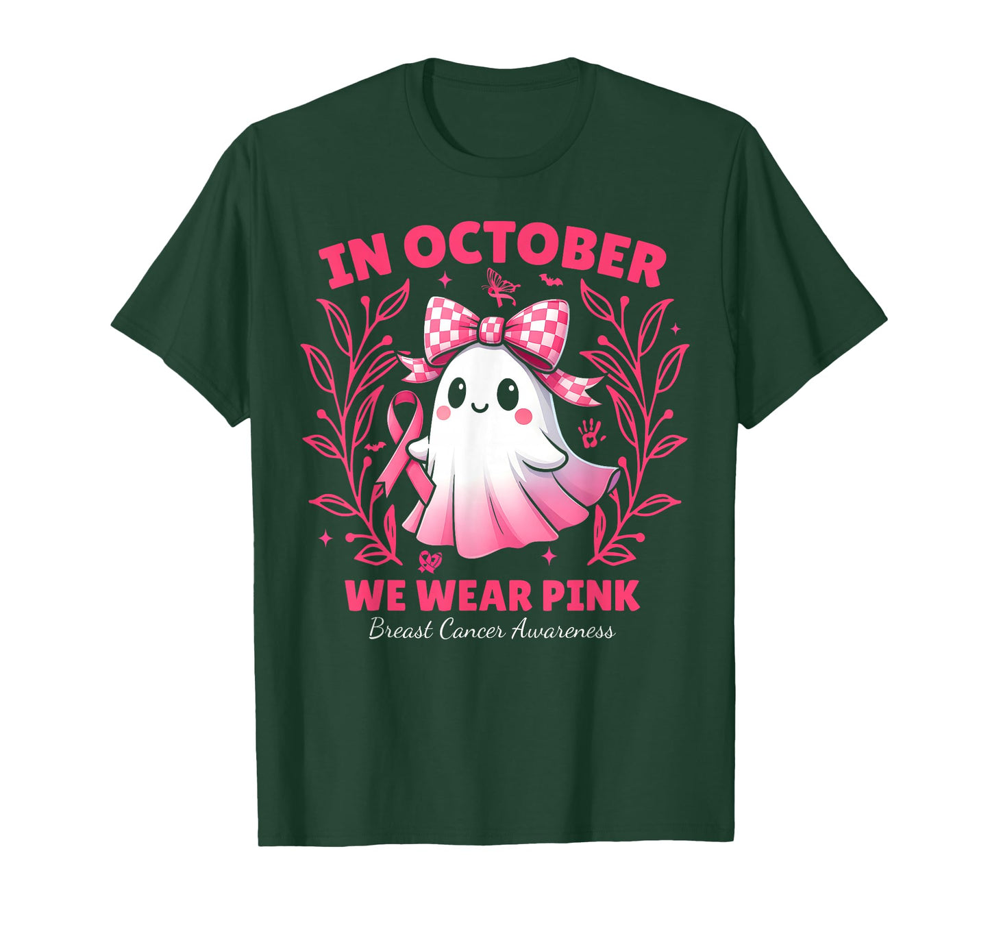 in October We Wear Pink Ghost Witch Breast Cancer Awareness T-Shirt