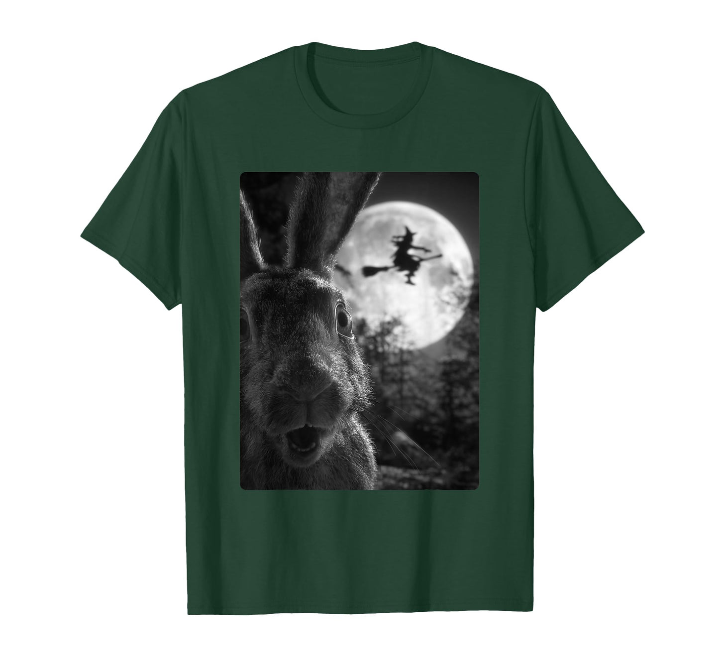 Funny Rabbit Selfie Full Moon Flying Witch Forest Halloween T-Shirt