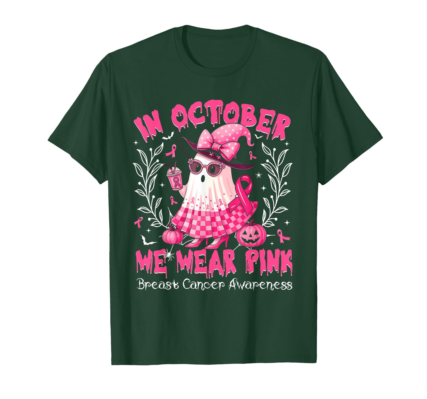 in October We Wear Pink Ghost Witch Breast Cancer Awareness T-Shirt