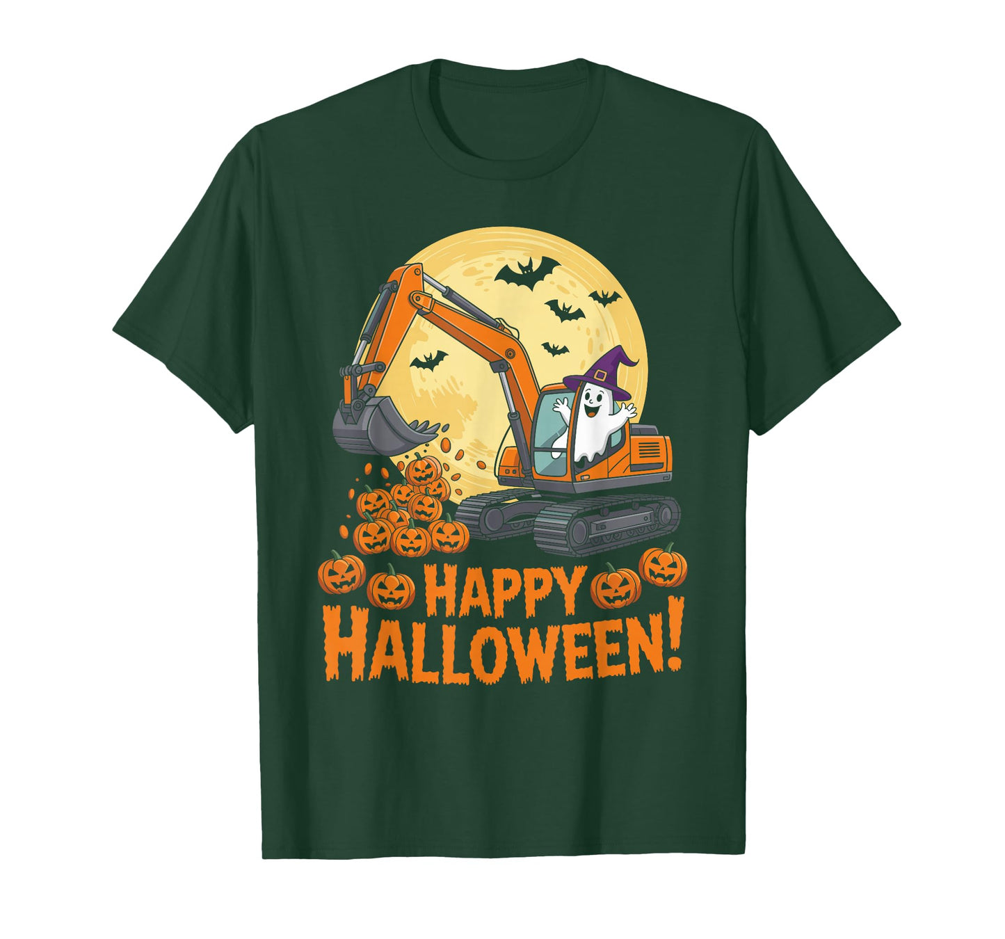 Happy Halloween Ghost Pumpkins and Excavator Construction T-Shirt
