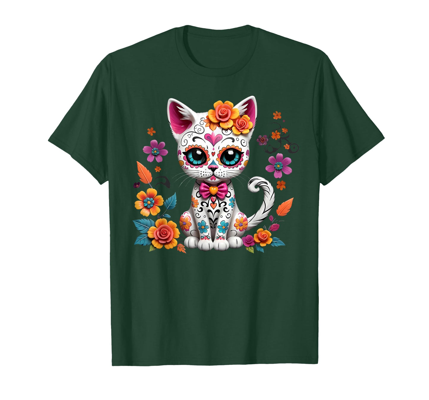 Floral Cat Sugar Skull Day of the Dead Dia de los Muertos T-Shirt
