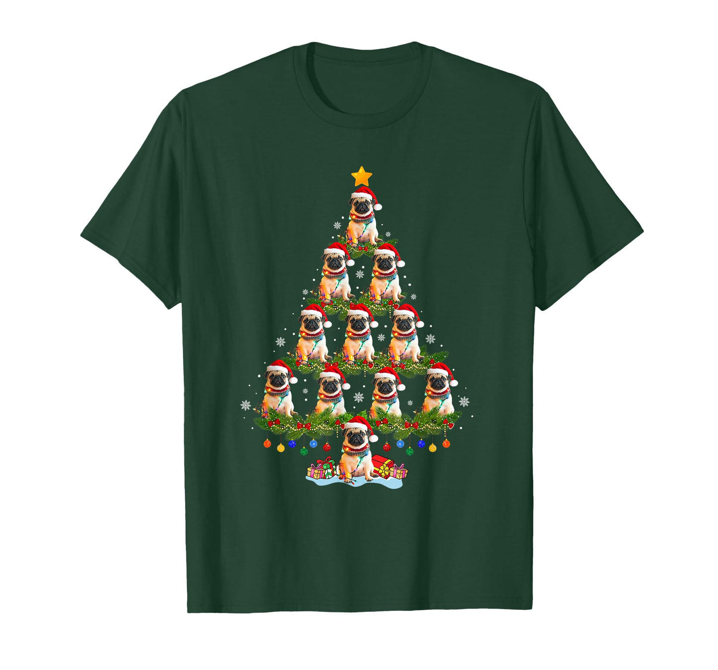 Funny Christmas Pug Dog Santa Hat Christmas Tree Lights T-Shirt