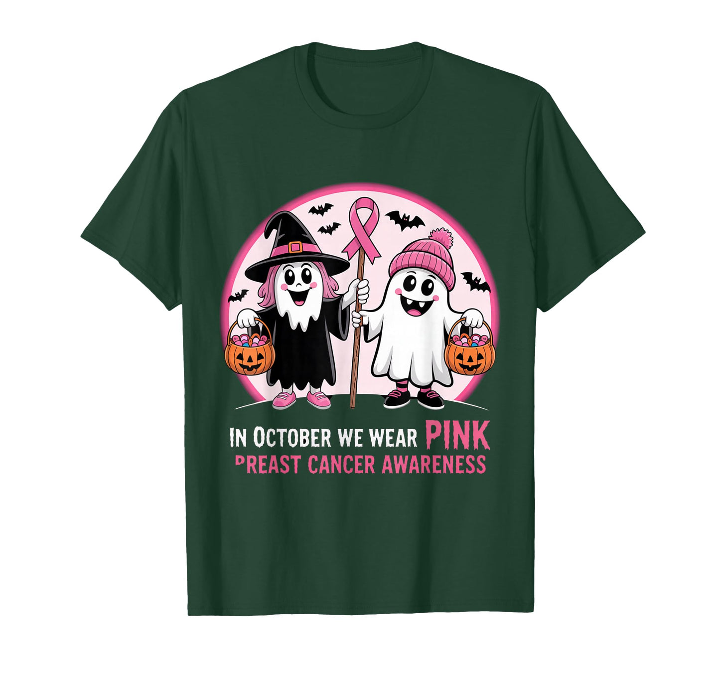 in October We Wear Pink Ghost Witch Breast Cancer Awareness T-Shirt