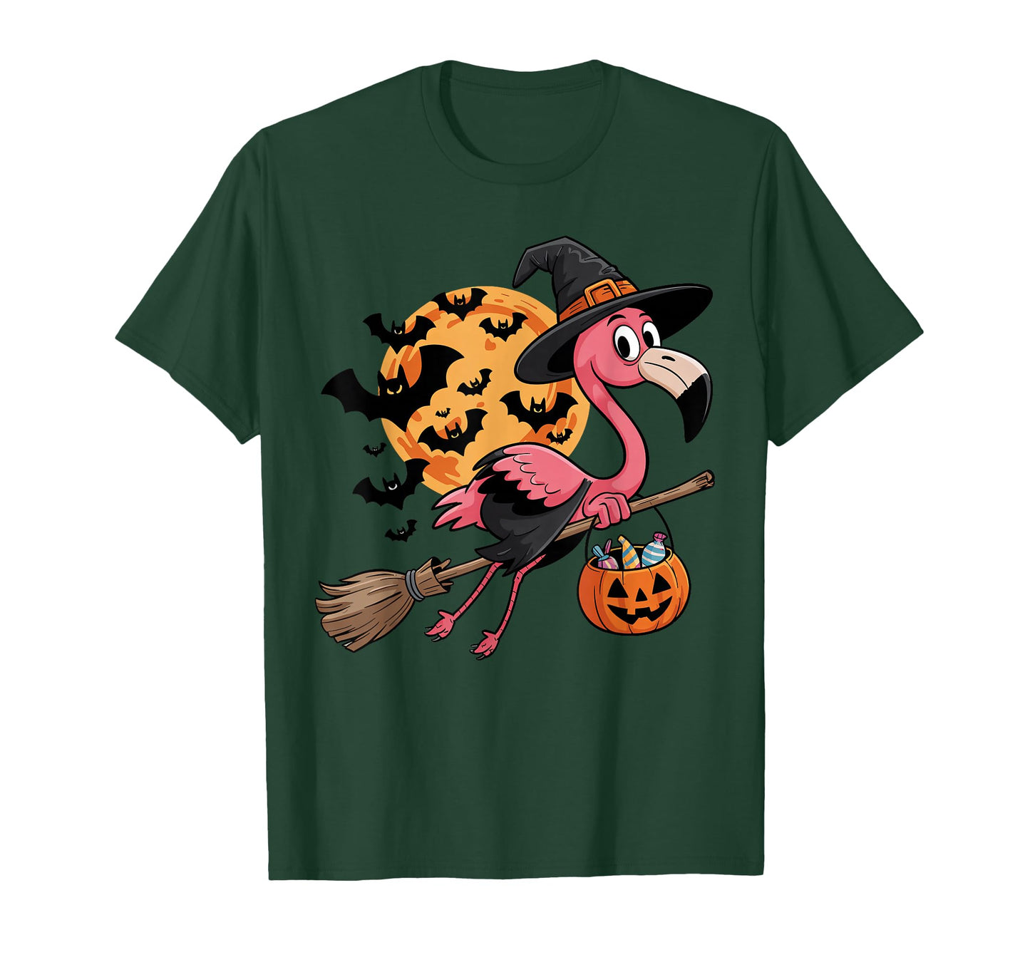 Flamingo in Witch Hat on a Broom Halloween Spooky Costume T-Shirt