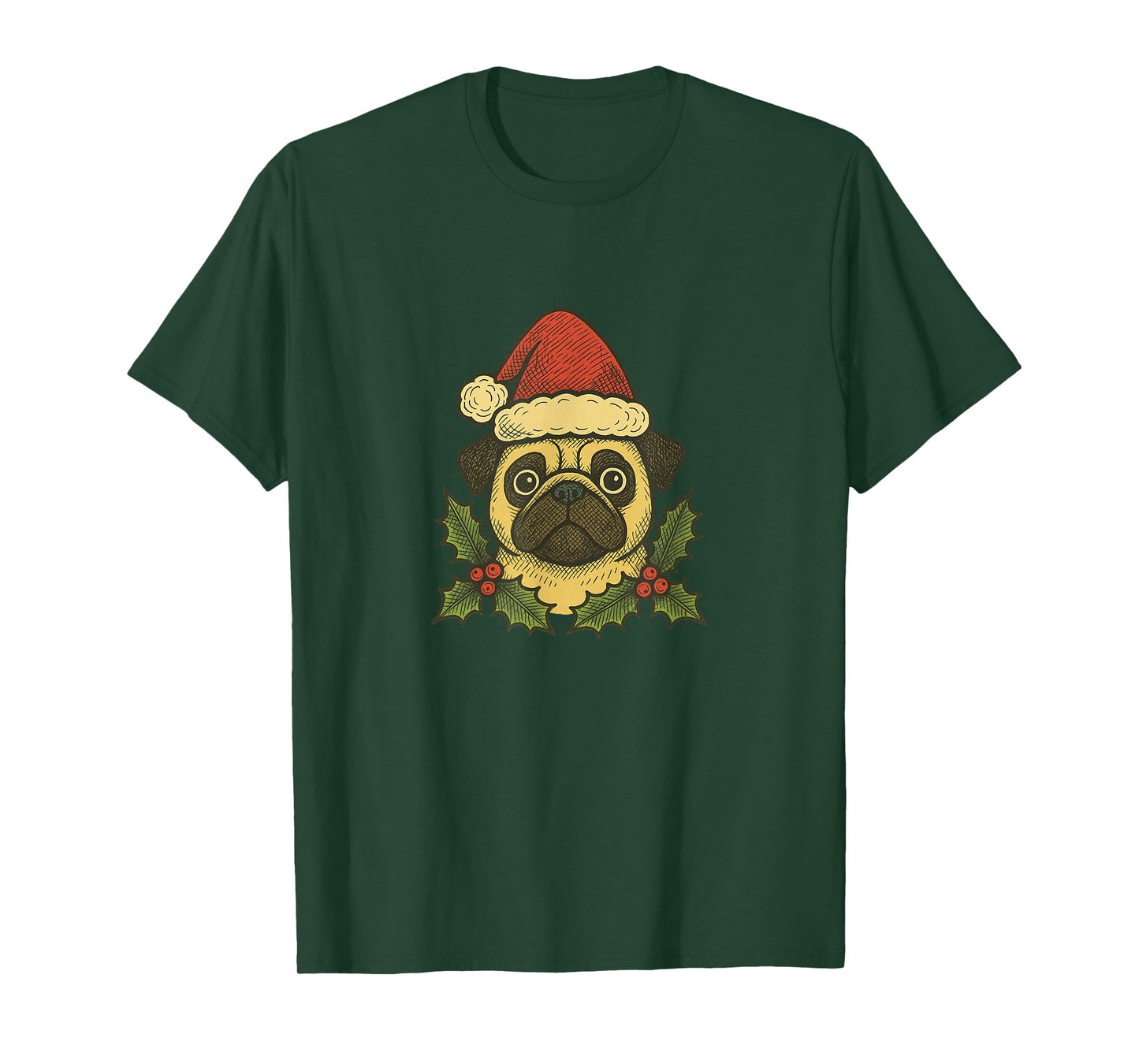 Christmas Pug Santa Hat Holly Holiday Cheer T-Shirt