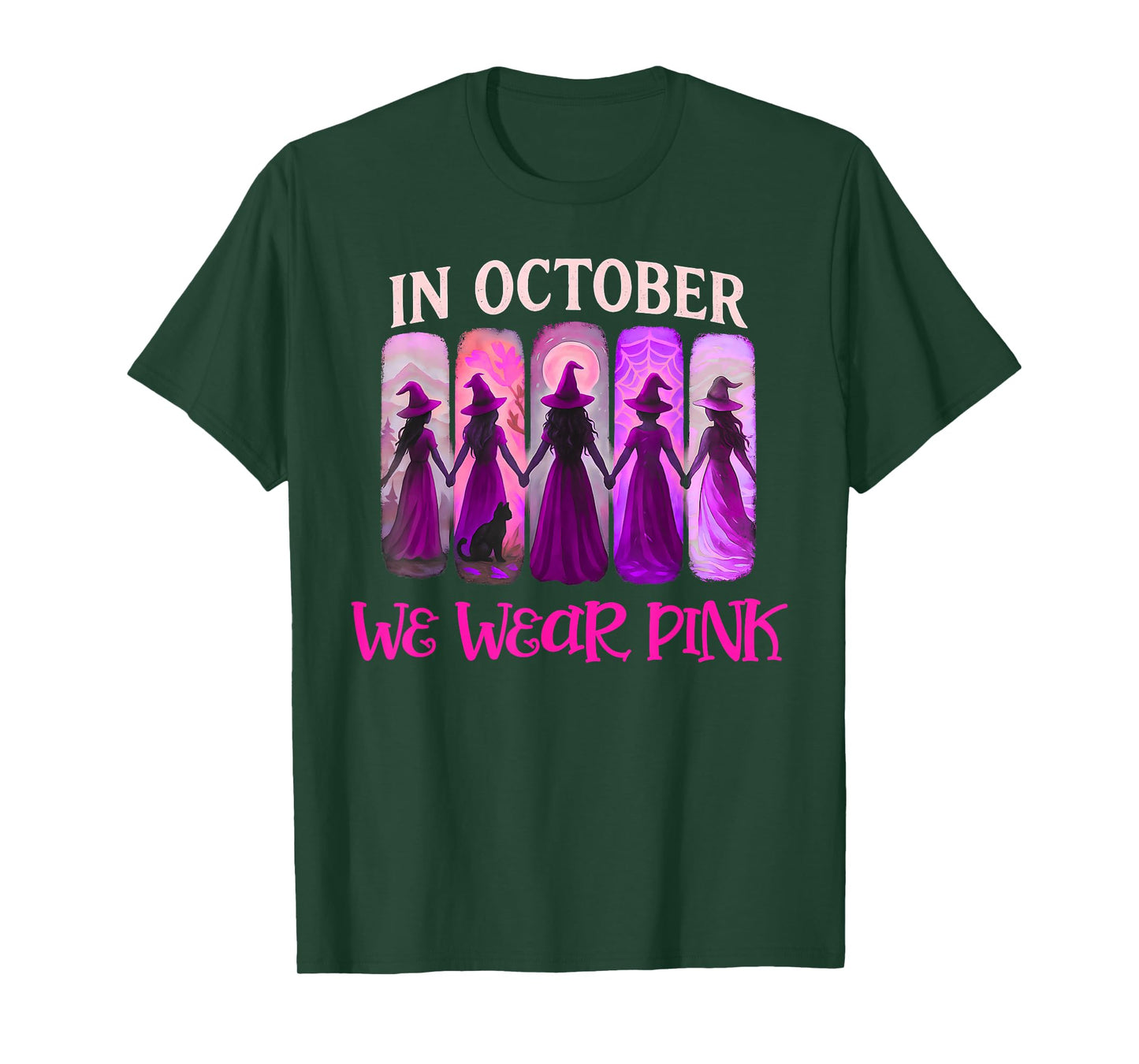 in October We Wear Pink Witch Halloween Breast Cancer Women T-Shirt