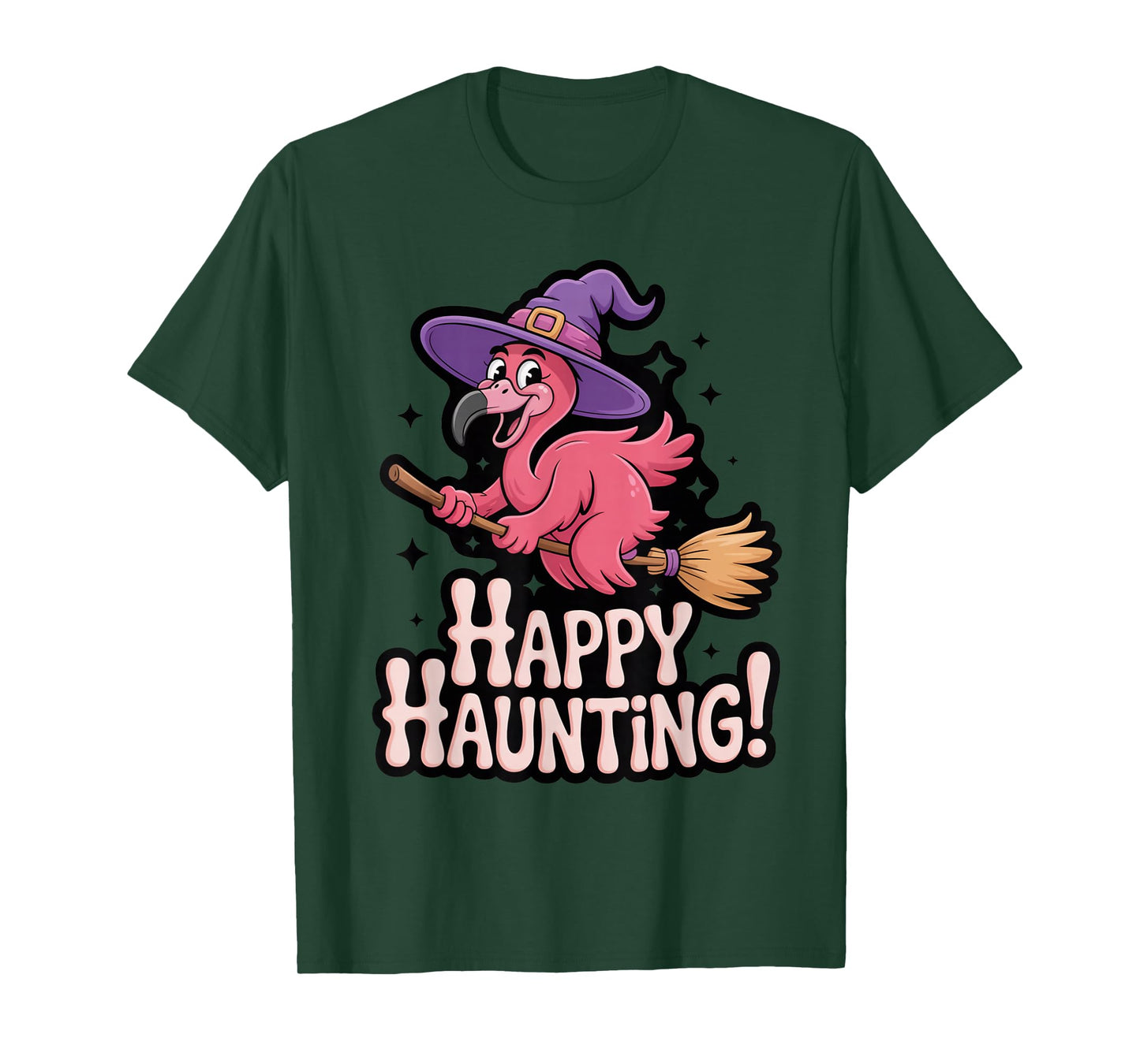 Happy Haunting Flamingo Witch on Broom T-Shirt