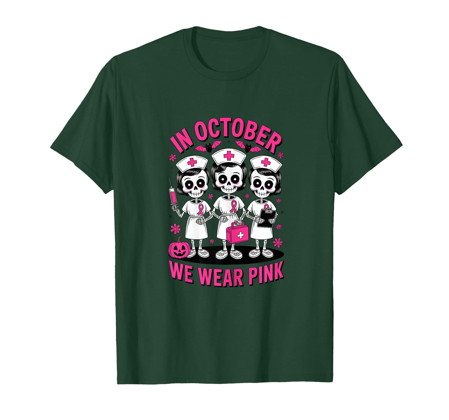 in October we wear Pink Breast Cancer Skeleton Nurse T-Shirt