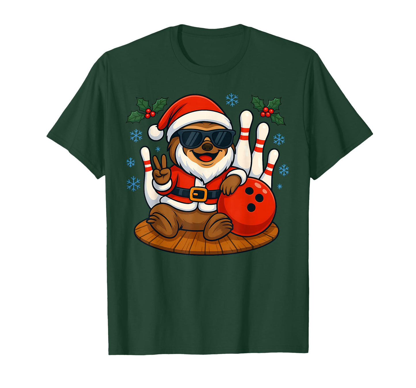 Santa Sloth Bowling Christmas Funny Holiday Vibes Men Women T-Shirt