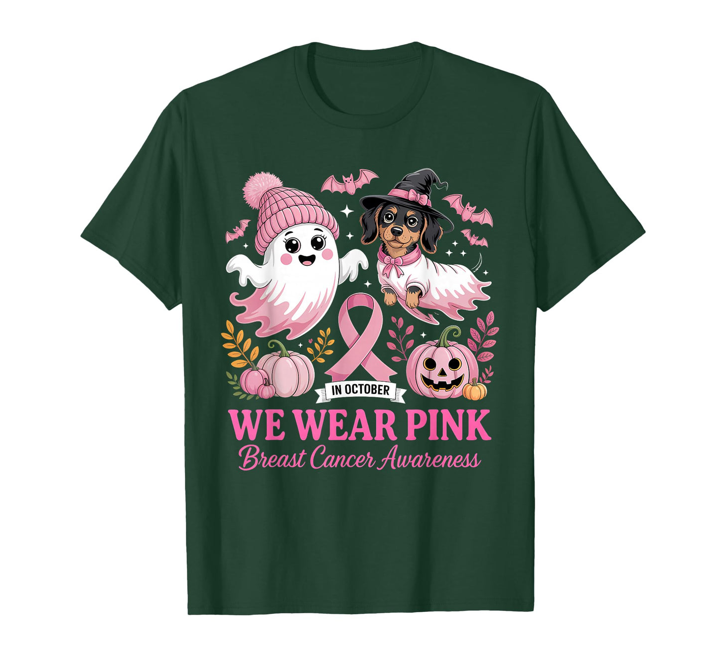 in October We Wear Pink Ghost Dachshund Breast Cancer T-Shirt