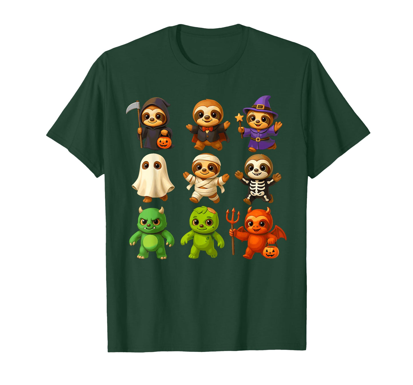 Cute Sloths Witch Pumpkin Skeleton Costume Happy Halloween T-Shirt