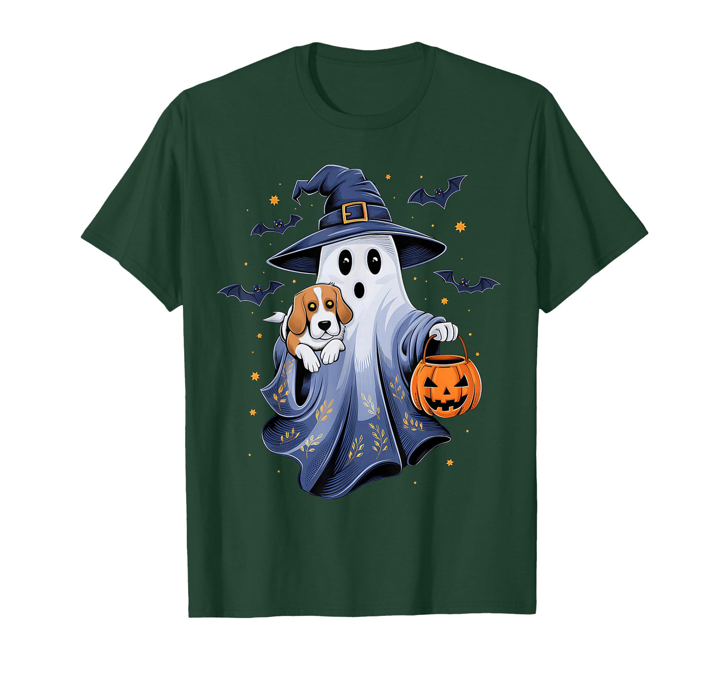 Ghost Witch Holding Beagle Dog Pumpkins Vintage Halloween T-Shirt