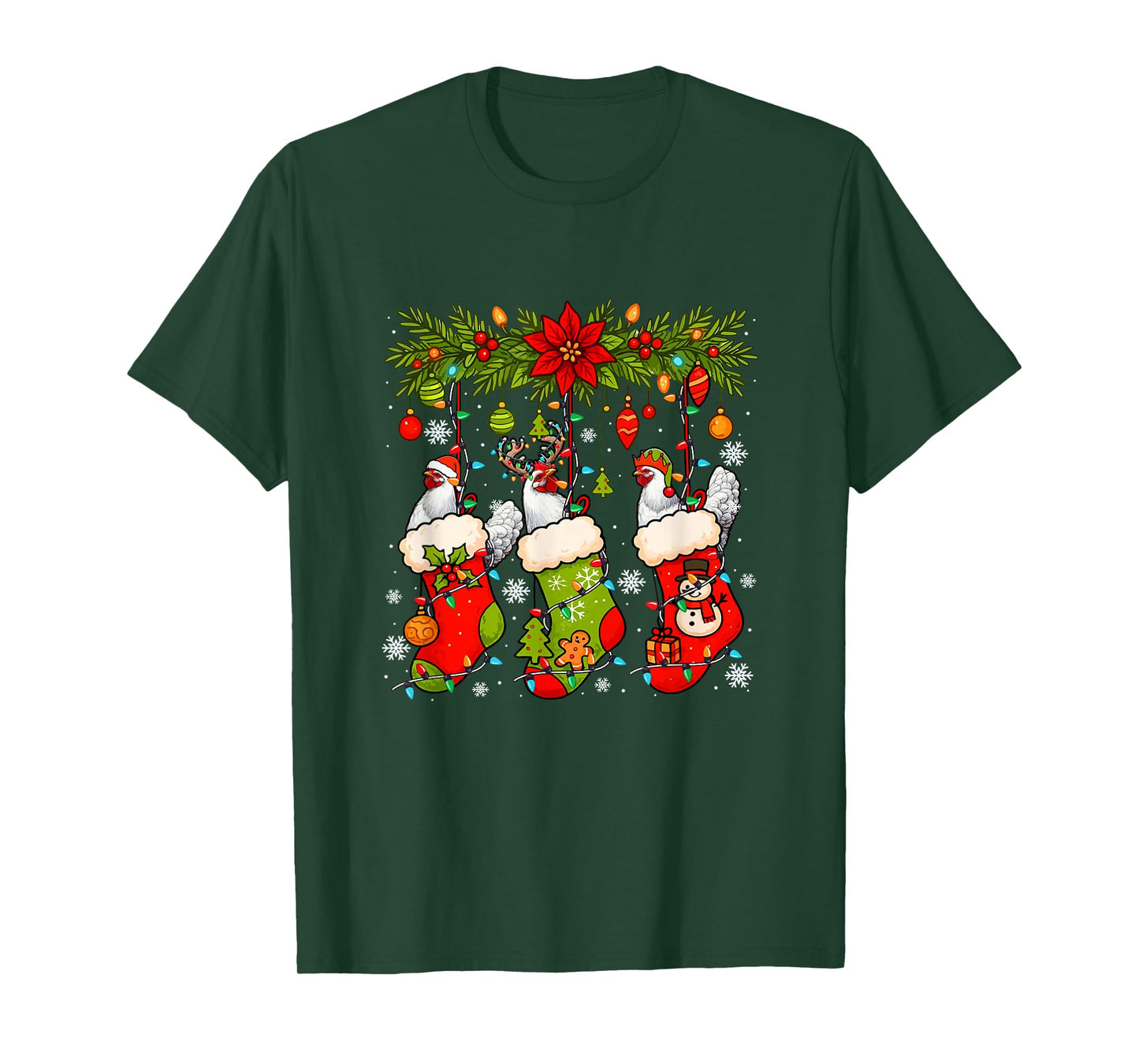 Three Santa Elf Reindeer Chickens in Xmas Colorful Socks T-Shirt