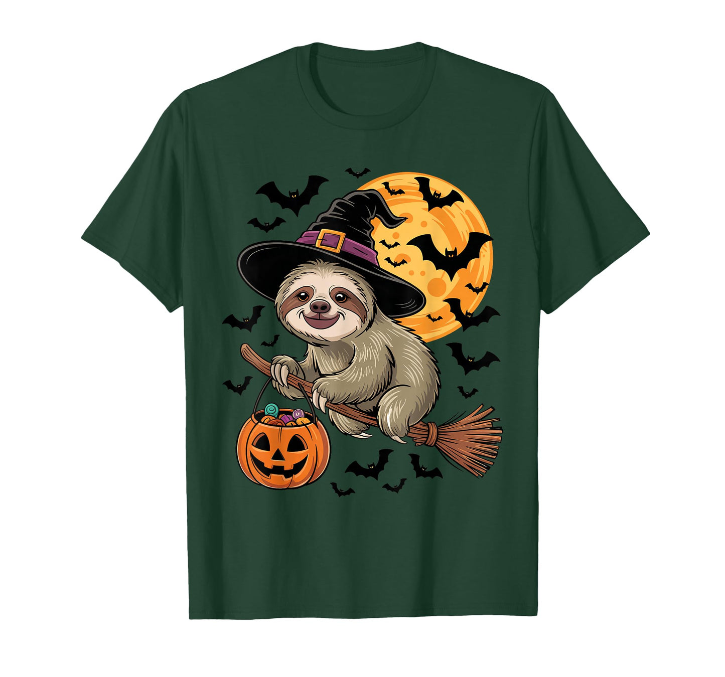 Cute Sloth Witch Hat on Broom Halloween Pumpkin Candy Bucket T-Shirt