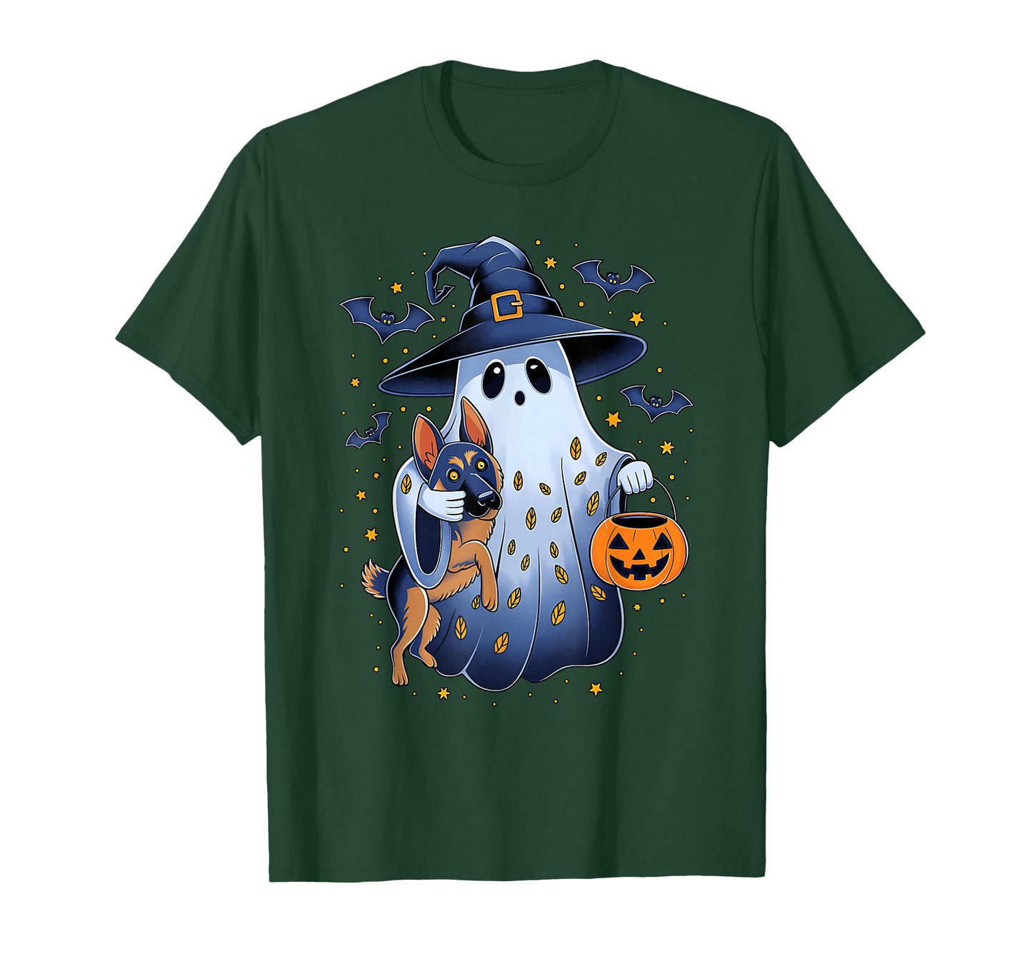 Ghost Witch Holding German Shepherd Dog Pumpkins Halloween T-Shirt