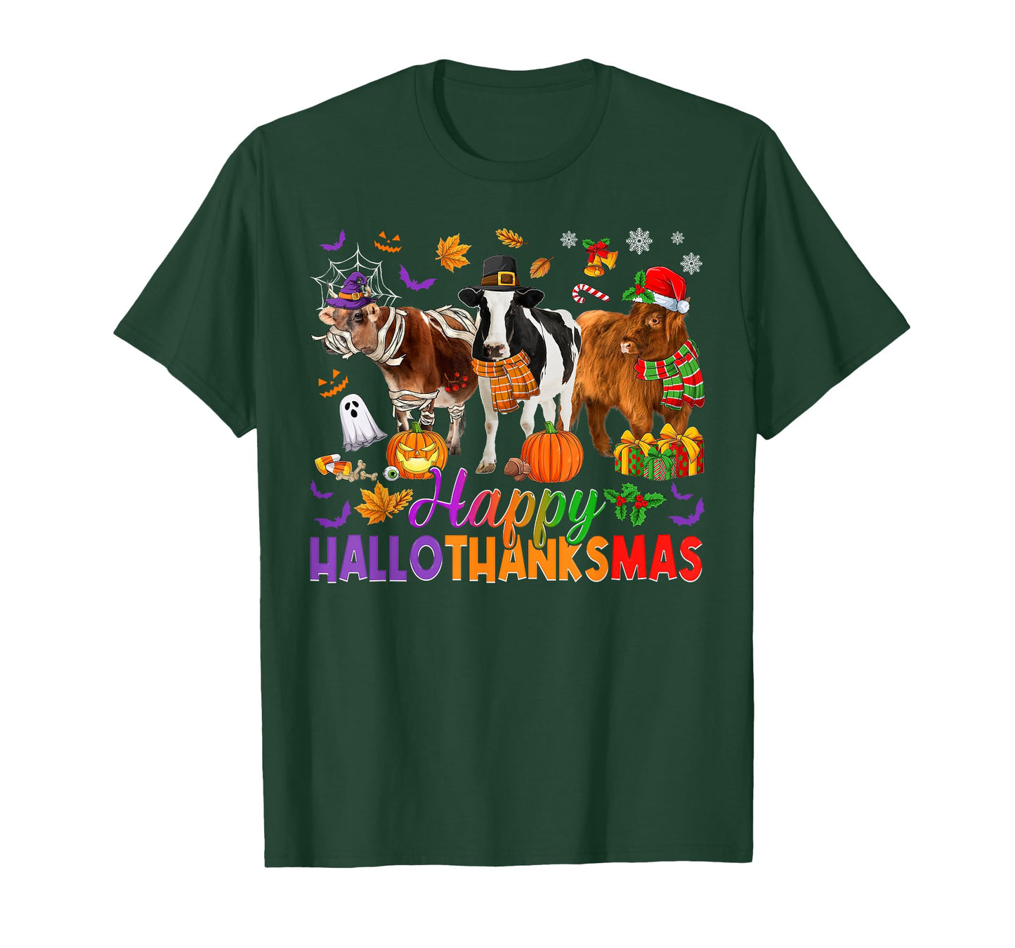 Happy Hallothanksmas Halloween Thanksgiving Christmas Cows T-Shirt