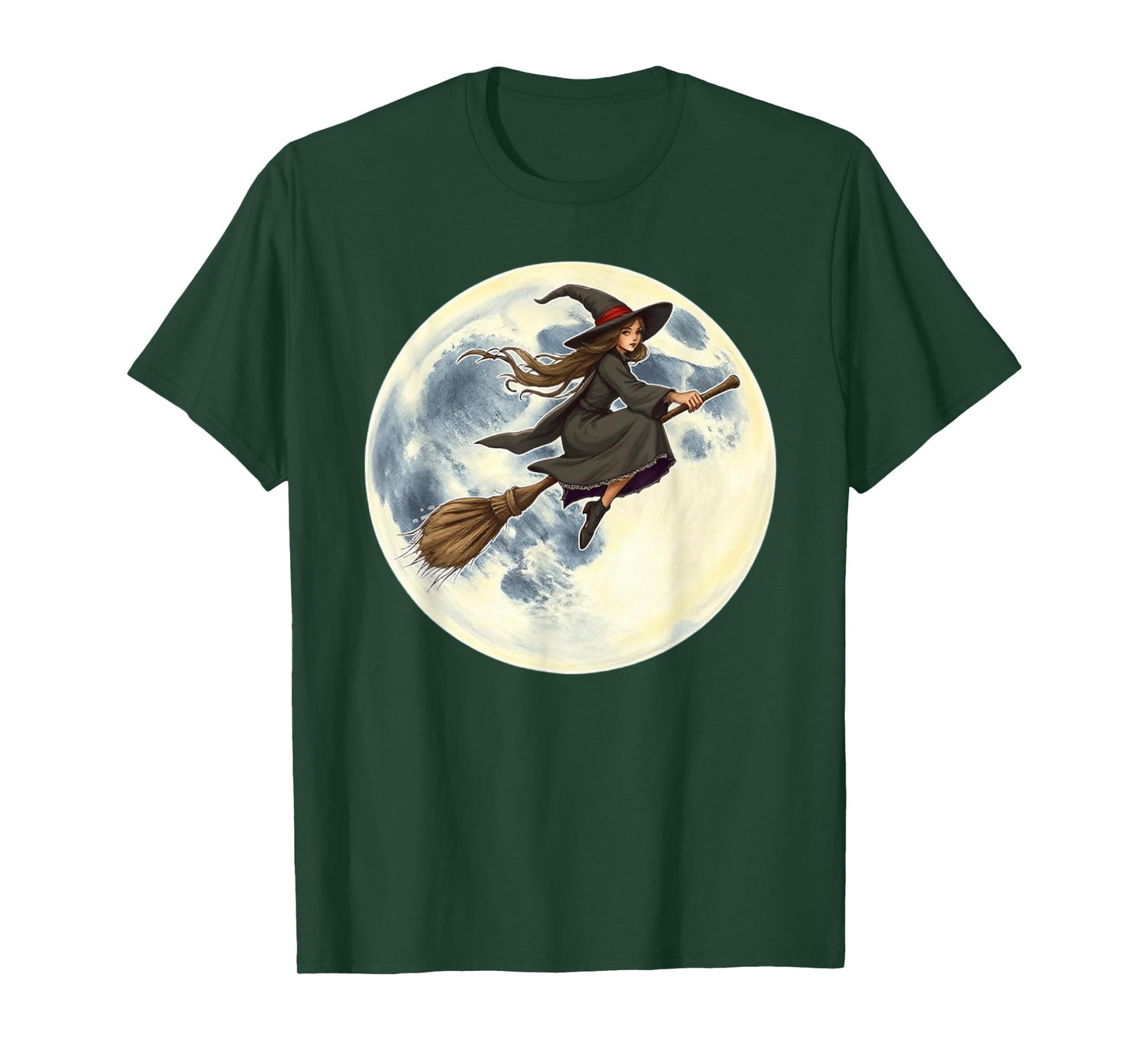 Witch Flying on Broom Halloween Full Moon Women Youth Kids T-Shirt