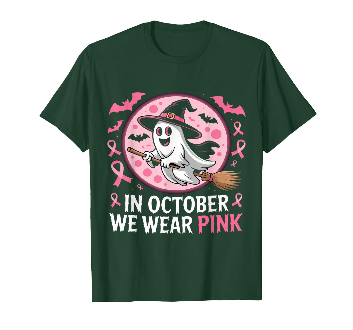 in October We Wear Pink Ghost Witch Breast Cancer Awareness T-Shirt