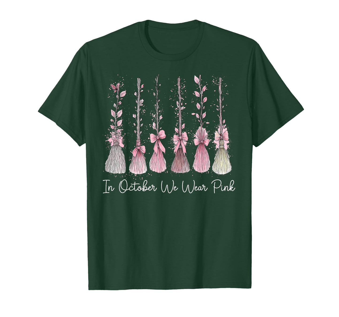 in October We Wear Pink Witch Broom Halloween Breast Cancer T-Shirt